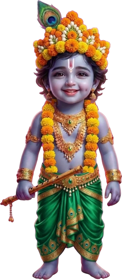 Bal Krishna hari poshak, phoolon ke mukut aur gende ki mala ke shringar mein